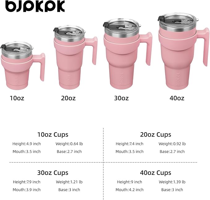 BJPKPK 40 oz Tumbler with Handle & Straw, Insulated Stainless Steel Mug | Double Wall Vacuum, Keeps Hot/Cold, Thermal Cup, BPA Free, Dishwasher Safe, Cupholder Fit, Coffee & Travel, Light Pink