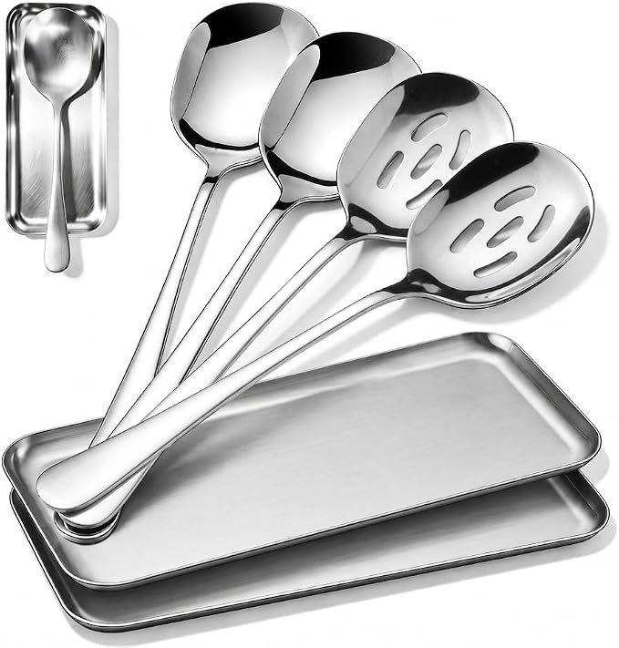 4-Piece Serving Spoons Set with 2 Spoon Rests, 18/8 Stainless Steel, 2 Slotted & 2 Solid Serving Spoons, Heavy Duty 304 Tableware for Buffet, Banquet & Kitchen Use