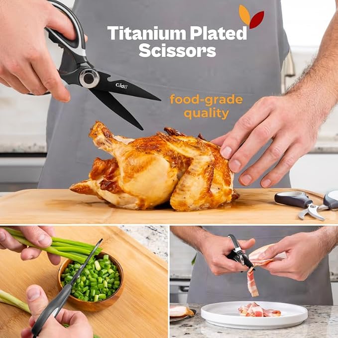 Titanium Coated Kitchen Scissors 2-Piece Set - Lifetime Replace. Warranty* | Gidli Heavy Duty Sharp Kitchen Shears for Meat, Poultry, Herbs and Food Prep Includes 7" Seafood Scissors with Ergonomic Grip