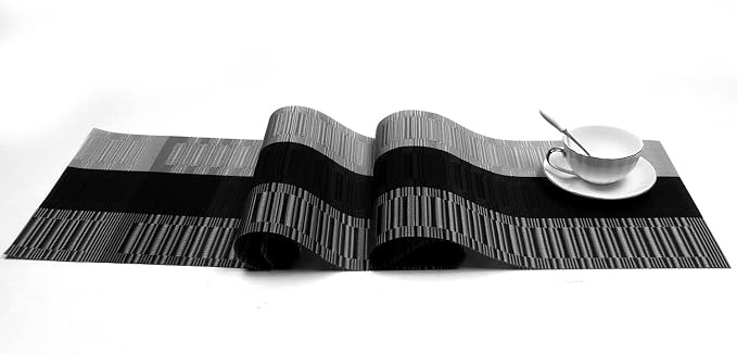 SHACOS Woven Vinyl Table Runners PVC Table Runners 12 x 36 inch Wipe Clean Reversible Plastic Weave Tabletop Counter Decor Mats Indoor Outdoor, Ombre Black and Gray