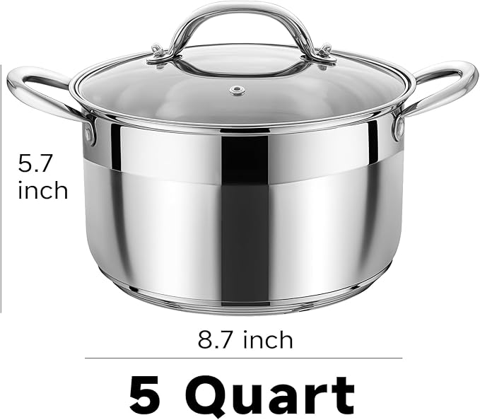 Kirecoo 5 Quart Stainless Steel Induction Stock Pot with Visible Lid | Heavy Duty, Even Heat, Thick Nonstick Base, Deep Cookware for Soup Pasta & Spaghetti, Ideal for Canning, Boiling & Simmering