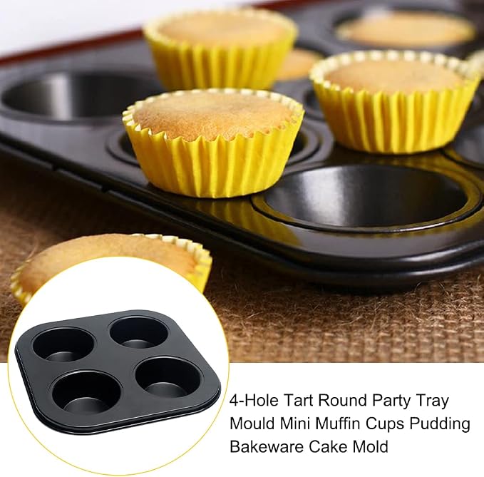 EKDJKK 4-Hole Muffin Pan, Bakeware Non-stick Cupcake Baking Pan Mini Pie Pans, Heavy Duty Carbon Steel Muffin Tray Standard Baking Mold Pan for Oven Baking