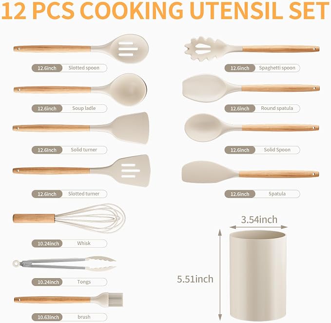 Silicone Cooking Utensil Set,12 PCS Cooking Cookware Kitchen Utensils Set for Cooking, Nonstick 446°F Heat-Resistant Cookware Kitchen Tools of Spoon,Brush,Whisk,Spatula,Turner Tongs (Khaki)