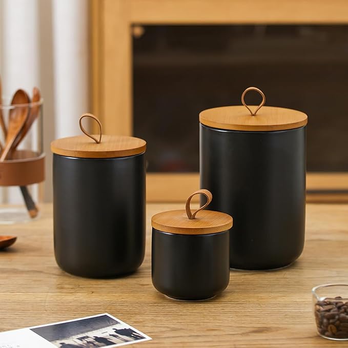 Ceramic Storage Jars, Modern Airtight Canisters with Wooden Lid (Black trumpet)