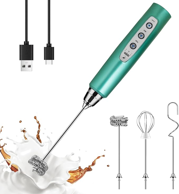 YUSWKO Handheld Milk Frother Wand for Coffee, Rechargeable Electric Whisk with 3 Heads 3 Speeds Drink Mixer Coffee Frother For Latte, Cappuccino, Hot Chocolate, Egg, Green