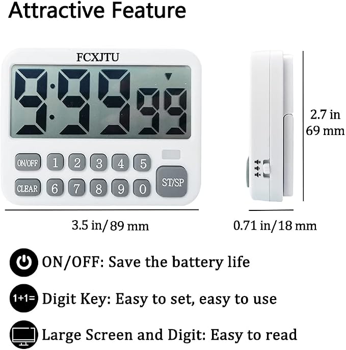Digital Kitchen Timer, Digits Directly Input Countdown Timer for Cooking | Count Up, Large Display, On/Off, Magnetic Back, Loud Alarm, Stand, Easy Operation, 3A Battery Included for Baking Study