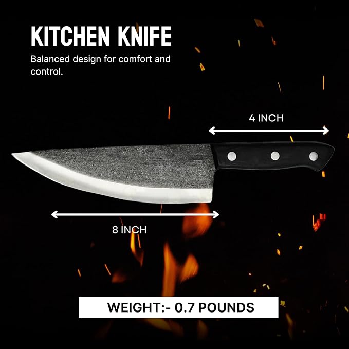 Chefs Knife - 8” Hand-Forged High Carbon Steel Full Tang Kitchen Knife With Wood Handle - Razor Sharp Knife For Kitchen with Leather Sheath