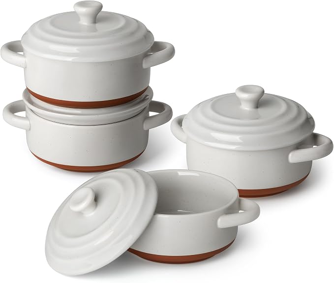 MALACASA Mini Cocotte Set of 4, 12 OZ Ramekins with Lids and Handles | Small Casserole Dishes for Oven, Ceramic Baking Dishes Set, Single Serving, Microwave & Dishwasher Safe, Khaki Grey