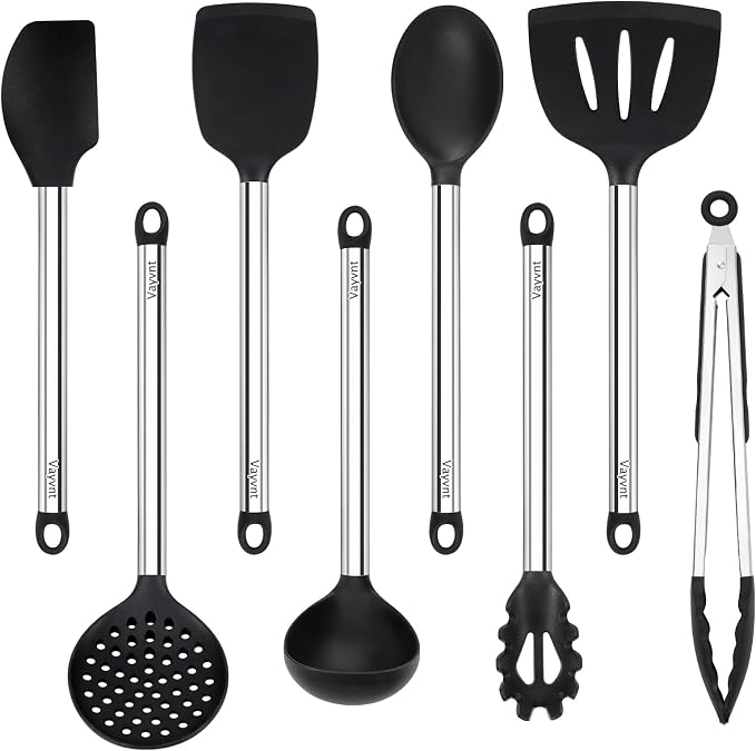 Vayvnt Silicone Cooking Utensil Set, 8-Piece, Heat Resistant to 480℉, Black | Kitchen Utensils with Stainless Steel Handle, Non Toxic, Non-scratch on Nonstick Cookware, Large Long Size, Dishwasher Safe