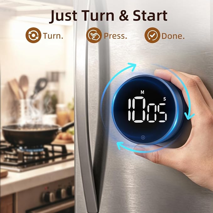 Digital Magnetic Kitchen Timer & Stopwatch with LED Display, Space Gray | Up to 99:55 Countdown & Count Up , Easy Twist Control, Adjustable Volume & Brightness, Magnetic Back, Battery Powered