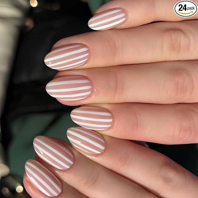 White Stripe Press On Nails Short Almond Fake Nails Full Cover False Nails | Reusable Glue On Nail Glossy Stick On Nail Acrylic Nails Press Ons For Women 24Pcs
