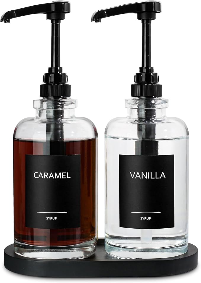 Coffee Syrup Dispenser for Coffee Bar, Glass Syrup Dispenser with 1/4oz Large Capacity Pump, Coffee Syrup Pump Dispenser for Coffee Station, 16.9 fl oz Maple Syrup Bottles for Coffee Bar Organizer