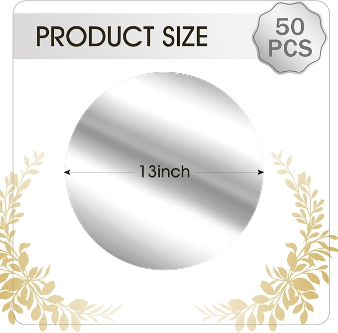 50PCS 13in Round Silver Placemats, Disposable Paper Charger Plate | Paper Placemats for Dining Table, Mirrored Silver Charger Placemat for Kitchen Banquet Table Setting Wedding Birthday Party
