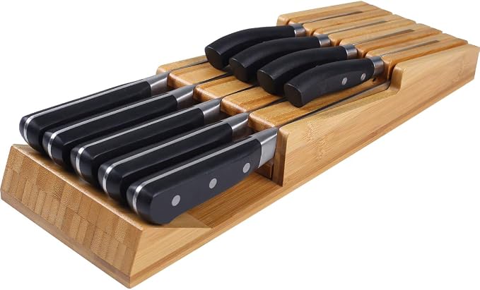 NIUXX Bamboo In-Drawer Knife Block Set for 9 Knives(Not Included) | Large Kitchen Detachable Washable Cutlery Slot Organizer Storage Holder for Sharpening Steel and Cutter