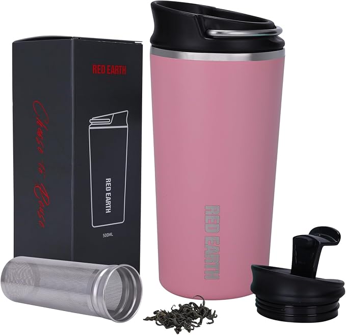 GiNT 17oz Travel Tea Mug with Infuser, 2 Lids. Vacuum Insulated 316 Stainless Steel Coffee Mug. Dishwasher Safe Tea Cup with Strainer for Hot & Cold Brew Coffee. Mothers Day Gifts for Mom (Pink)