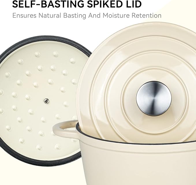 Miereirl 4.5 Quart Enameled Dutch Oven Pot with Lid, Cast Iron Dutch Oven with Dual Handles for Bread Baking, Cooking, Non-stick Enamel Coated Cookware (Beige)