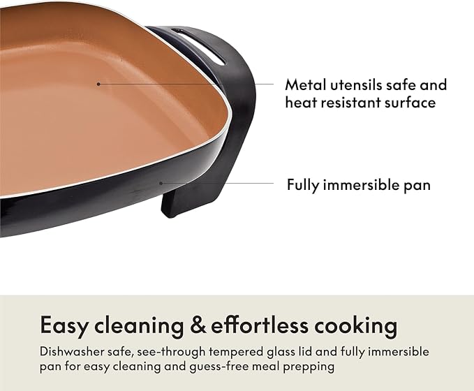 bella 12x12 Electric Skillet & Frying Pan with Glass Lid, Nontoxic, Coppper