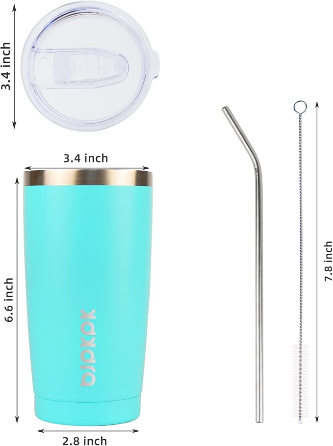 BJPKPK 20oz Coffee Tumbler with Lid & Straw, Insulated Stainless Steel Mug | Double Wall Vacuum, Keeps Hot/Cold, BPA Free, Leak Proof, Iced Coffee Cup Fit Car Holder, Travel & Beach, Turquoise