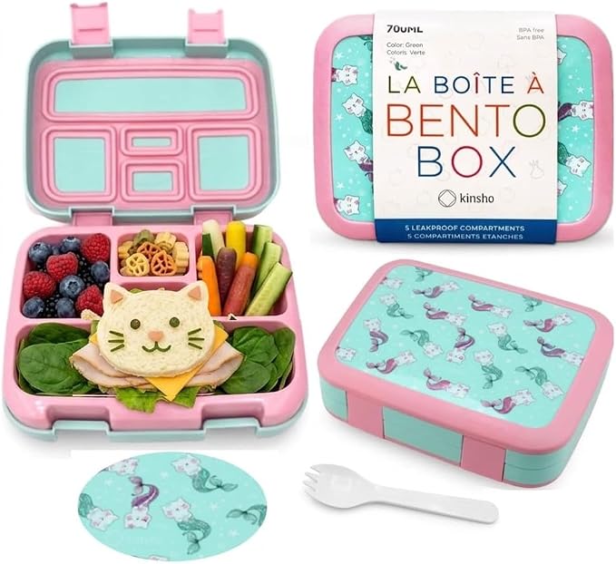 kinsho Bento Lunch Box Container for Small Kids, Boys, (Aqua Cat Mermaid) | 5 Portion Sections, BPA-Free Spill-Proof Leakproof Removable Plastic Tray, Snacks and Lunches for Toddlers Pre-School Daycare
