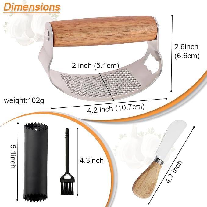 Garlic Press Rocker Stainless Steel Ginger Crusher, Garlic Mincer and Squeezer Kitchen Gadget with Ergonomic handle, Silicone Tube Garlic Peeler, Scraper and Cleaning Brush Tool Set