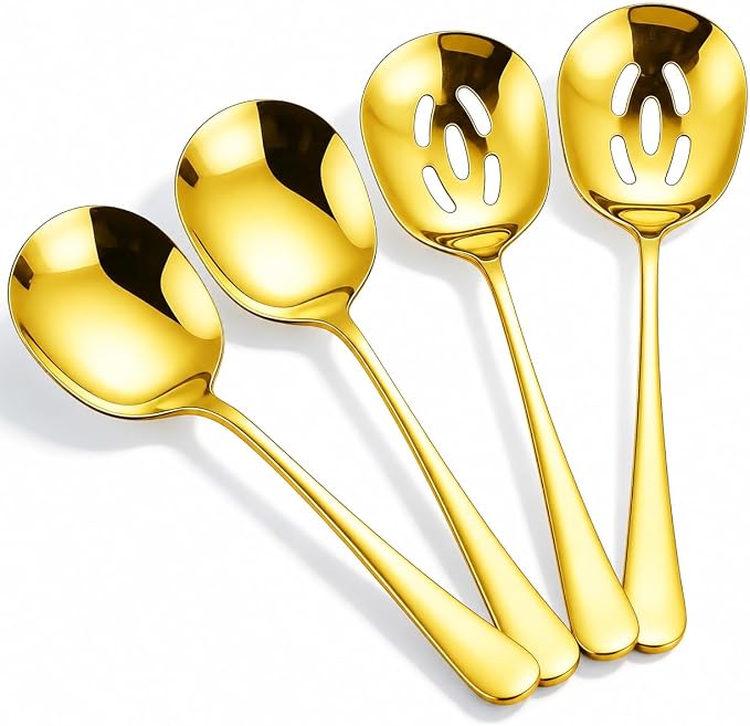 4-piece Gold Serving Spoons, 18/8 stainless steel, Large Buffet Serving Spoon, 2 Slotted Spoons & 2 Solid Spoons, Heavy Duty 304 Stainless Steel Tabletop Flatware Utensil for Banquet and Kitchen