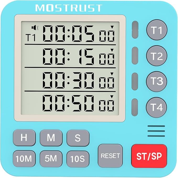 Digital Dual Kitchen Timer, Multiple Channels Countdown Timer | 4-Groups Timer with Magnetic-Back Memory-Preset Large Display Adjustable Alarm Volume, 3A Battery Included, Ideal for Cooking