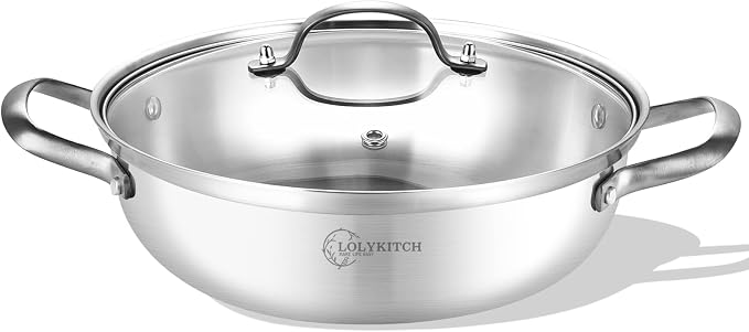 LOLYKITCH 7-Quart Stainless Steel Kadai with Lid | 14-Inch Hotpot Pot | Tri-Ply Stainless Steel Saute Pan | Jumbo Cooker | Induction Indian Cooking Pan | Large Skillet | 6-8 Servings