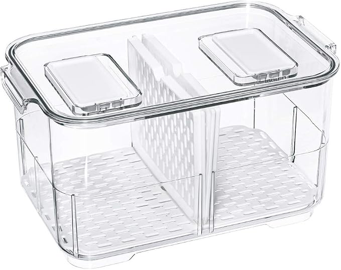 SANNO Fridge Food Storage Containers Produce Saver FreshWorks Produce Food Storage Container Bin Stackable Refrigerator Kitchen Organizer Keeper, with Removable Drain Tray to Keep Fresh