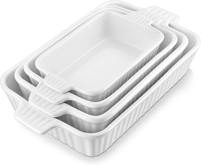 MALACASA Casserole Dishes for Oven, Ceramic Baking Dishes Set of 4, White | Rectangular Deep Lasagna Pans with Handles for Roasting Vegetable, Cake, Durable Bakeware, Wedding Gift(9.4/11.1/12.2/14.7")