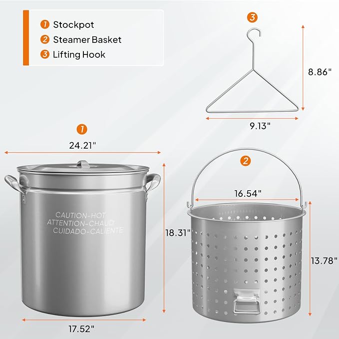 Bonnlo 82QT Stainless Steel Stock Pot for Boiling Seafood, Crawfish lobster & Crab, Frying Turkey & Steaming Tamales, Large Boil Pot with Steamer Basket, Lid, Lifting Hook for Outdoor Cooking Party