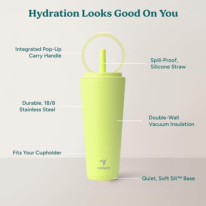 REDUCE Halo 32 oz Stainless Steel Vacuum Insulated Tumbler - Spill Proof Travel Mug with Flip Handle Lid - Keeps Drinks Cold for 32 Hrs - Dishwasher Safe - Cupholder Friendly - Mojito