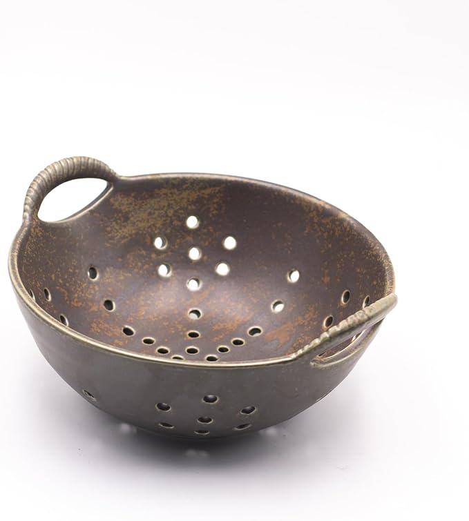8" Ceramic Berry Colander with Handles, Reactive Glaze Fruit Washing Bowl, Rustic Stoneware Pasta Strainer for Kitchen (Charcoal Grey)