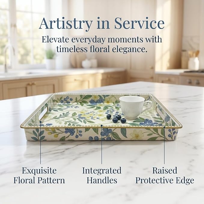 Decorative Serving Tray, Vintage Blue Berry Plastic Tray with Handles & Gold Rim, Multipurpose Storage Tray for Coffee Table, Bathroom, Kitchen & Entryway Home Decor. 15.7" x 11.8" x 1.57"