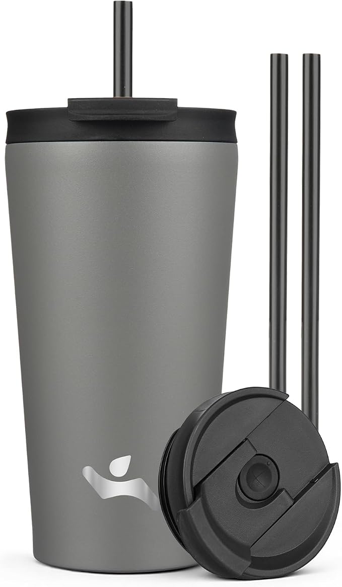 Konokyo 18 oz Insulated Tumbler Water Bottle with Straw Lid, Gray | Stainless steel insulated tumbler for coffee, water and iced drinks; spill-proof lid, 2 straws, cup-holder friendly