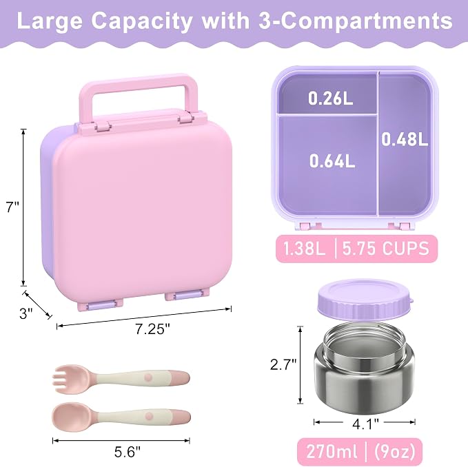 Kids Bento Lunch Box with Soup Thermo (9oz)– Hot & Cold Lunch Container with Leak Proof Insulated Food Jar for School Girls Boys, Ideal Size for Ages 3 to 7, Pink/Purple