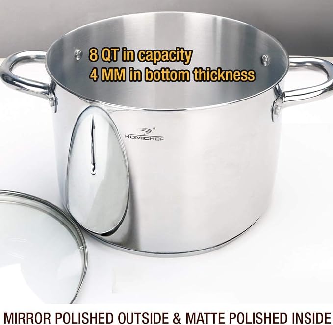 HOMICHEF Stock Pot 8 Quart with Lid Nickel Free Stainless Steel - Mirror Polished Stockpot 8 QT with Lid - HEALTHY COOKWARE Stockpots 8 Quart - Soup Pot for Induction Cooktop