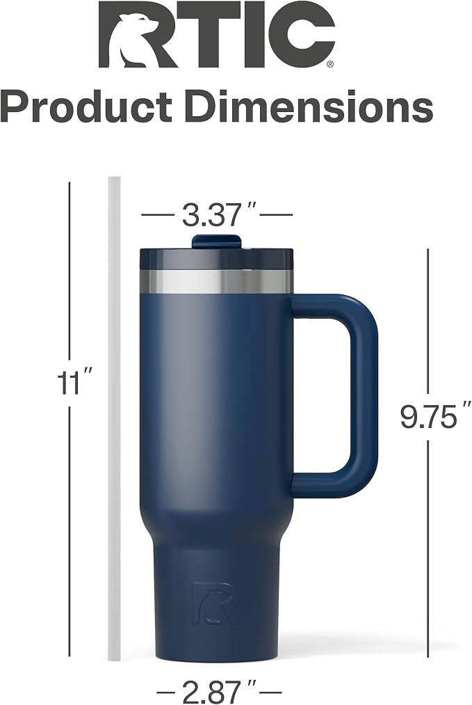 RTIC 30oz Road Trip Tumbler, Insulated, Ceramic Lined, Navy | with Lid, Handle and Straw, Stainless Steel Metal Cup, Portable for Hot and Cold Drinks, Coffee, Car, Camping, Travel