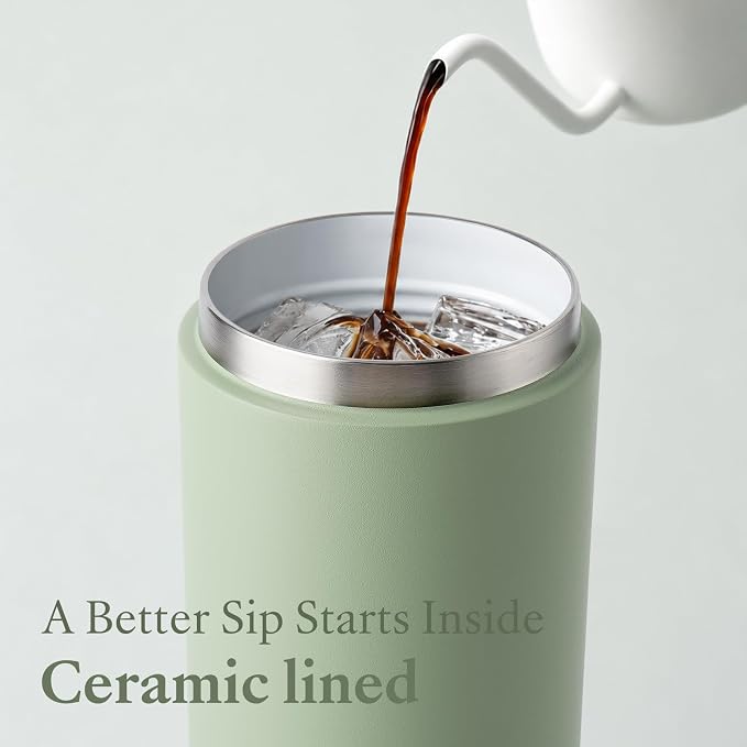 Ceramic Lined Travel Coffee Mug 360° Lid, 16 oz Insulated Coffee Tumbler | Leak Proof, Fits Cupholder, Stainless Steel Vacuum, Keep Hot and Cold, Women Gifts Cup, 360° Sip Push-Button, Dusty Lilac,