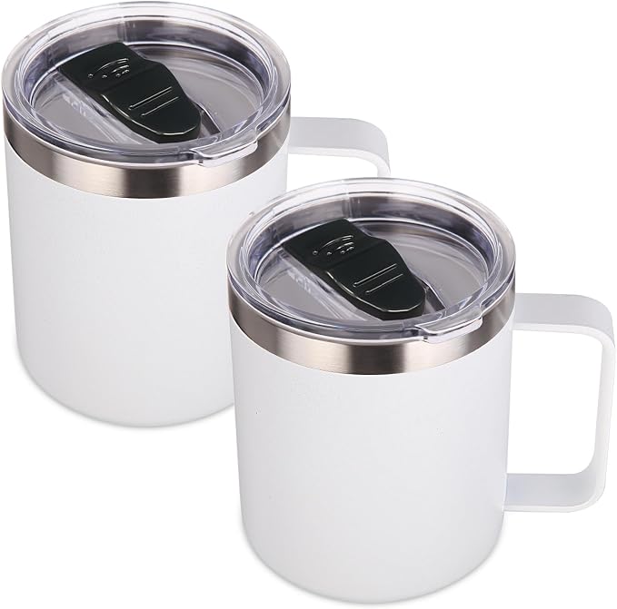 Volhoply 14oz Insulated Stainless Steel Coffee Mug with Lid Bulk 2 Pack,Double Wall Vacuum Travel Coffee Cup with Handle,Reusable Metal Cups Tumbler,Camping Mugs Keep Hot,Ideal Gifts(White,2)