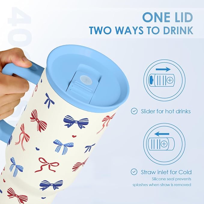 SANDJEST American Flag 40oz Tumbler with Handle and Straw, Insulated Stainless Steel Travel Coffee Mug for Women Girls, Gift Idea for Birthday Christmas 4th of July (Bow)
