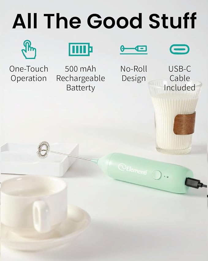 Elementi Rechargeable Milk Frother Wand & Drink Mixer Handheld - Powerful USB-C Rechargeable Frother - Hand Held Milk Foamer Whisk to Make Perfect Cappuccinos, Lattes & Drink Mixes (Mint Green)