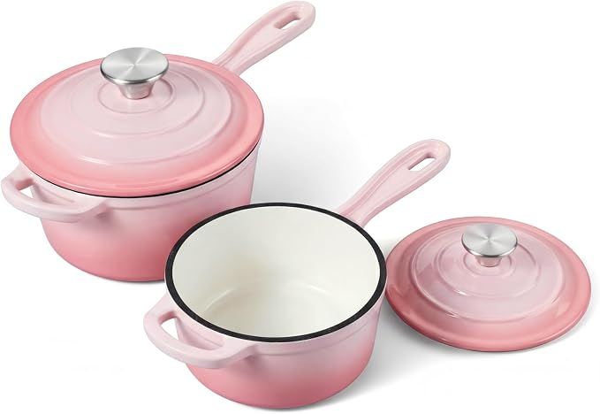 Onader Cast Iron Sauce Pan Pot, 1QT & 2QT Small Saucepan with Lid, Enameled Cast Iron Dutch Oven Cooking Kitchen Pot – Pink