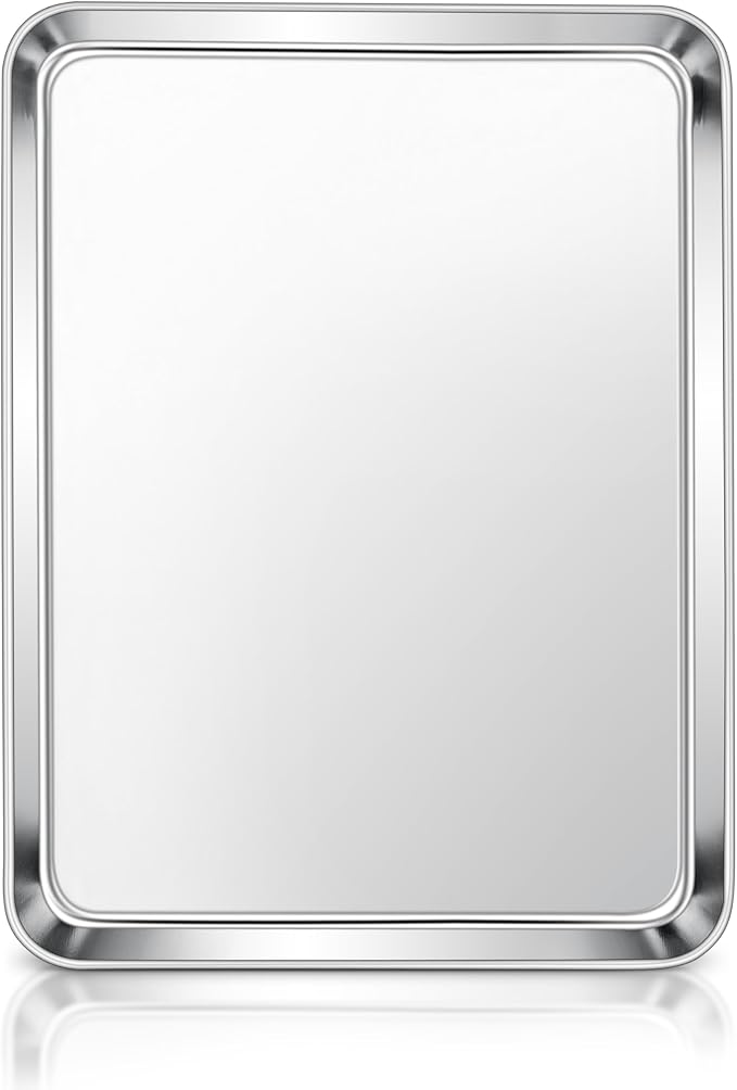 E-far Stainless Steel Baking Sheet Set, 12.4” x9.7” x 1” Cookie Sheet | Non-toxic Metal Toaster Oven Tray for Oven Baking Cake Cookie, Healthy & Rust Free, Mirror Finish & Dishwasher Safe