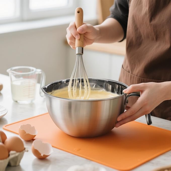 3 Pieces 304 Stainless Steel Mixing Bowls, 1.3/2.1/2.6 Quart Mixing Bowl Set with Handle, Pour Spouts & Measurement Marks, Metal Nesting Bowls with Silicone Spatula for Baking Cooking