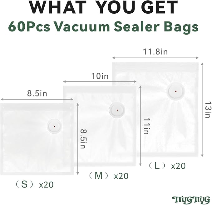 Reusable Vacuum Sealer Bags for Food 60Pcs (S/M/L), BPA-Free Sous Vide Bags for Microwave Heating, Cooking and Freezer Storage, Compatible with Most Handheld Sealers and Vacuum Sealer Machines