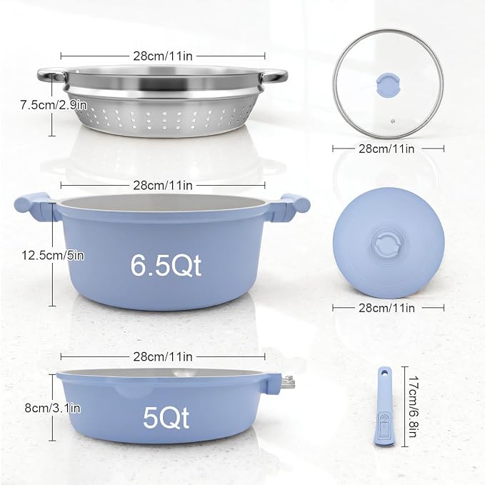 AIKENBBKK Pots and Pans Set Non Stick, Ceramic Cookware Set, Nonstick Steamer Pot and Pan for Cooking, Kitchen Cooking Set Non Toxic, Induction Compatible, Detachable Handle, Oven Safe, PFOA Free,Blue