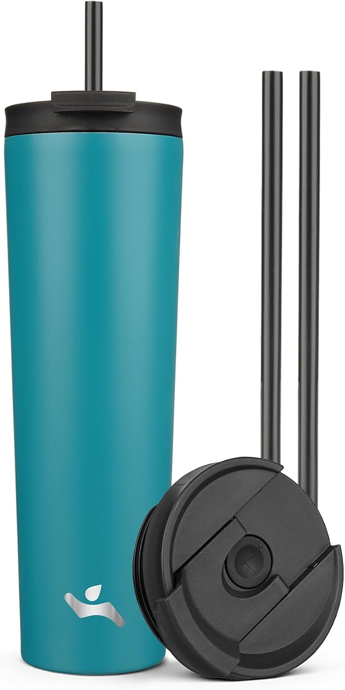 Konokyo 34 oz Insulated Tumbler Water Bottle with Straw Lid, Blue | Stainless steel insulated tumbler for coffee, water and iced drinks; spill-proof lid, 2 straws, cup-holder friendly