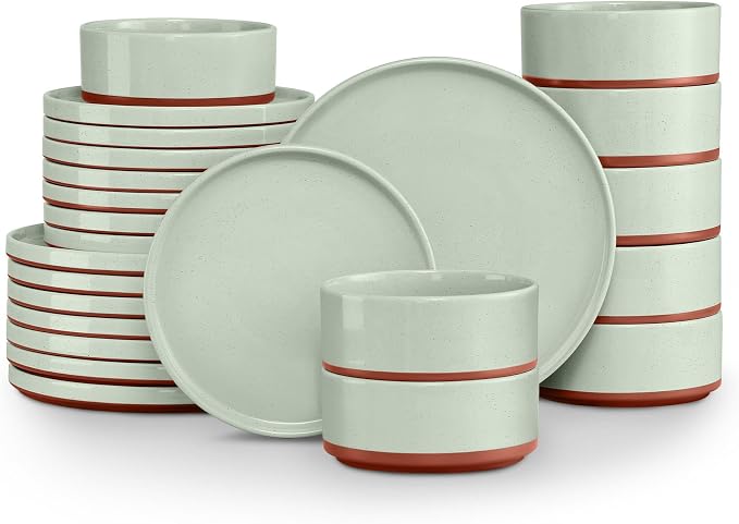 LIANYU Stoneware Dinnerware Sets Service for 8, 24 PCS Plates and Bowls Set | Handmade Ceramic Dish Set, Highly Chip and Crack Resistant Modern Plate Set, Laurel Green