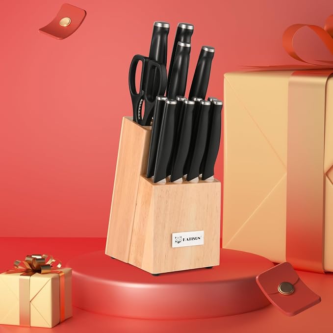 15-Piece ABS Handle Knife Set with Natural Block | ABS Ergonomic Handles For Kitchen Chef Blades & Serrated Steak Knives. Includes Built-In Sharpener Rod & Shears
