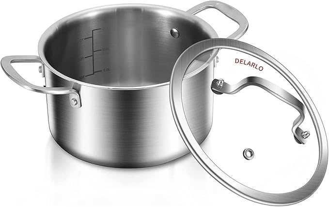 DELARLO Whole Body Tri-ply Stainless Steel Stock Pot with Lid 3.5QT, Cooking Pot Food Grade Cookware, Durable Soup Pot with Glass Lid,Suitable for All stoves, Dishwasher Safe
